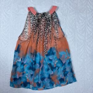 Da & Be Women's Small Sheer Halter Neck Pink/Blue Blouse Leopard Print Back Knot